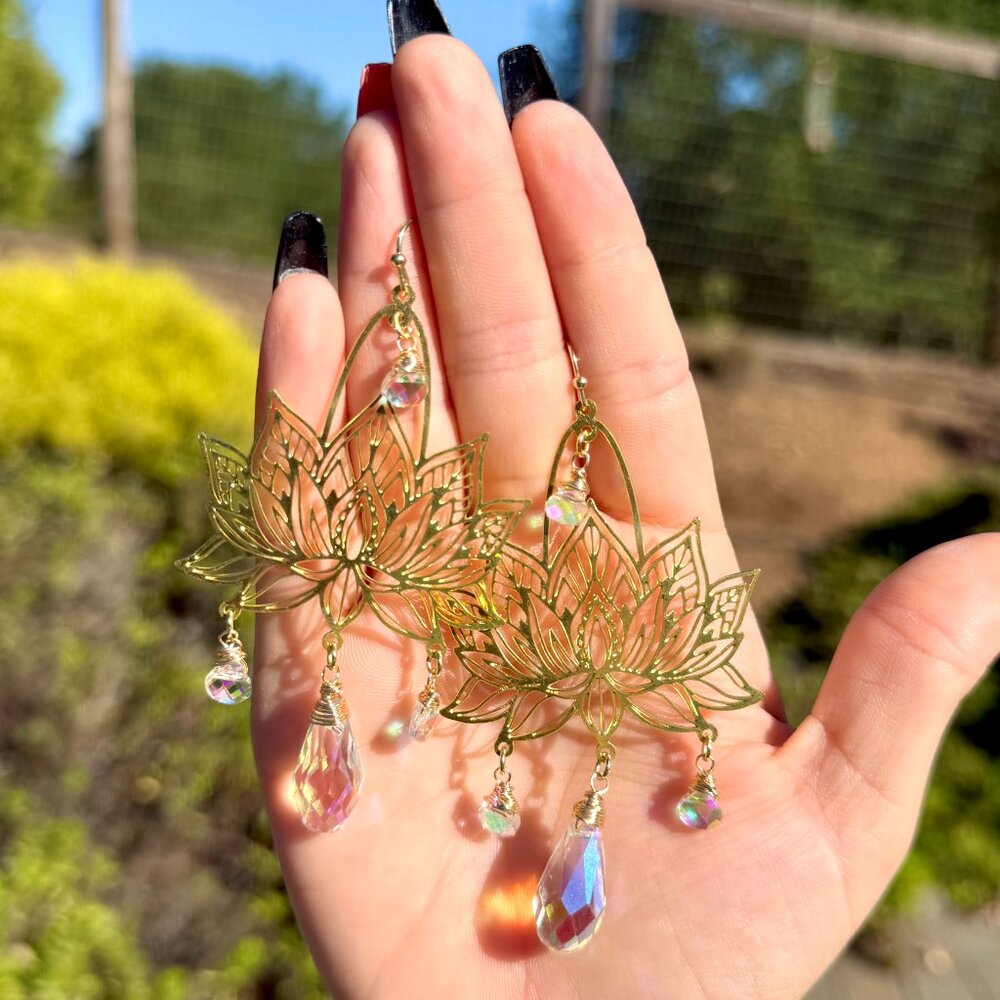 XLarge Chandelier Lotus Sparkle Earrings- Gold or Silver